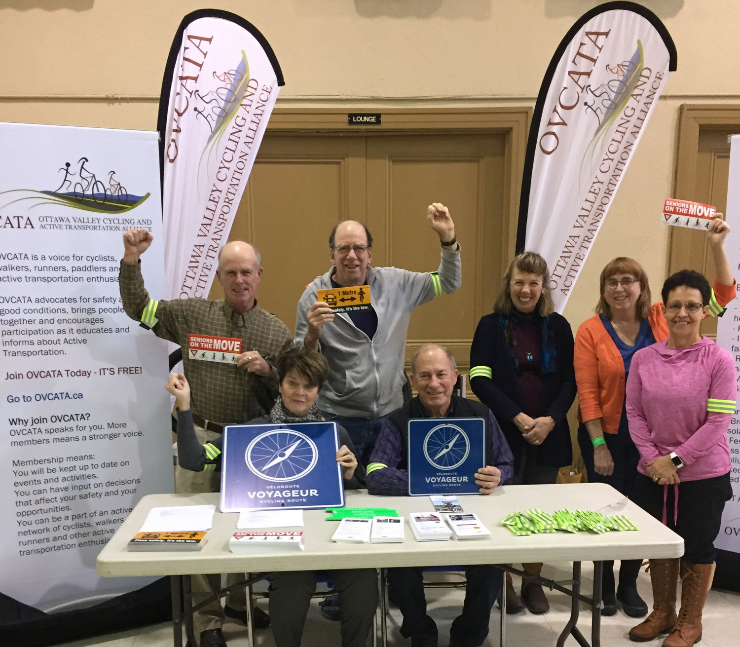 OVCATA activists celebrate at 2018 AGM wearing safety armbands - Bob Peltzer, Pat Krose, Ish Theilheimer, Debbie Fiebig, Kathy Eisner, Pat MacGregor