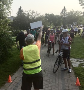 <b>Ron Moss of OVCATA prepares riders for the start of the 96-km ride at the first-ever Tour de BeaverTails.</b>